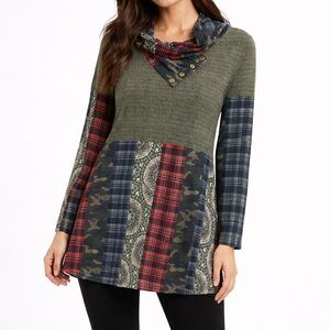 Lily by Firmiana Olive Green Patchwork Plaid & Camo Cowl Tunic Top Size Large